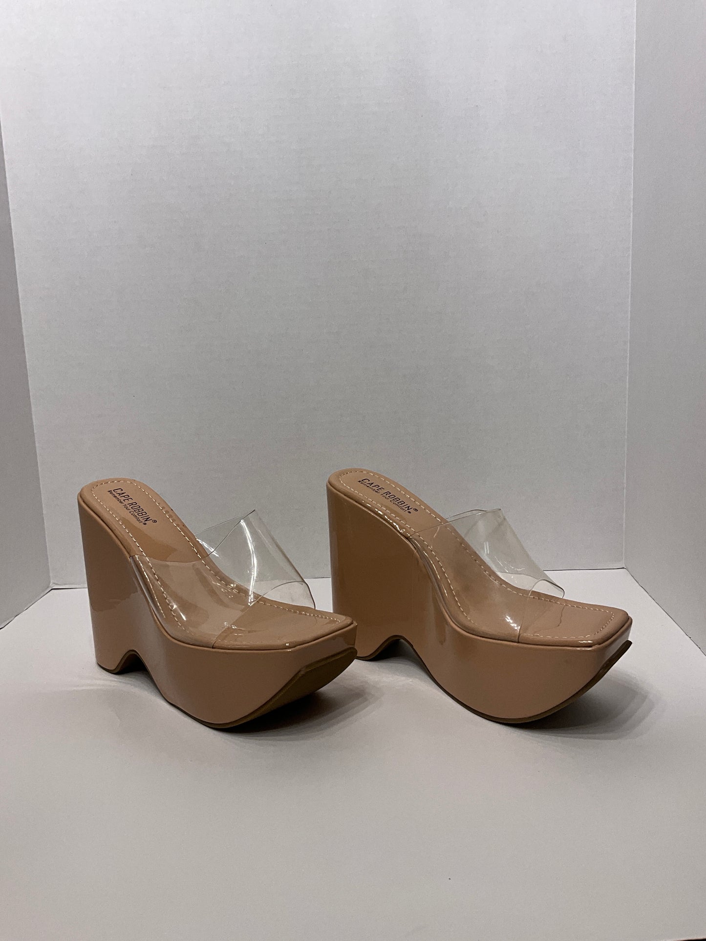 Cape Robin platform wedge sandals, 6 inch heel square open toes slip on clear strap 