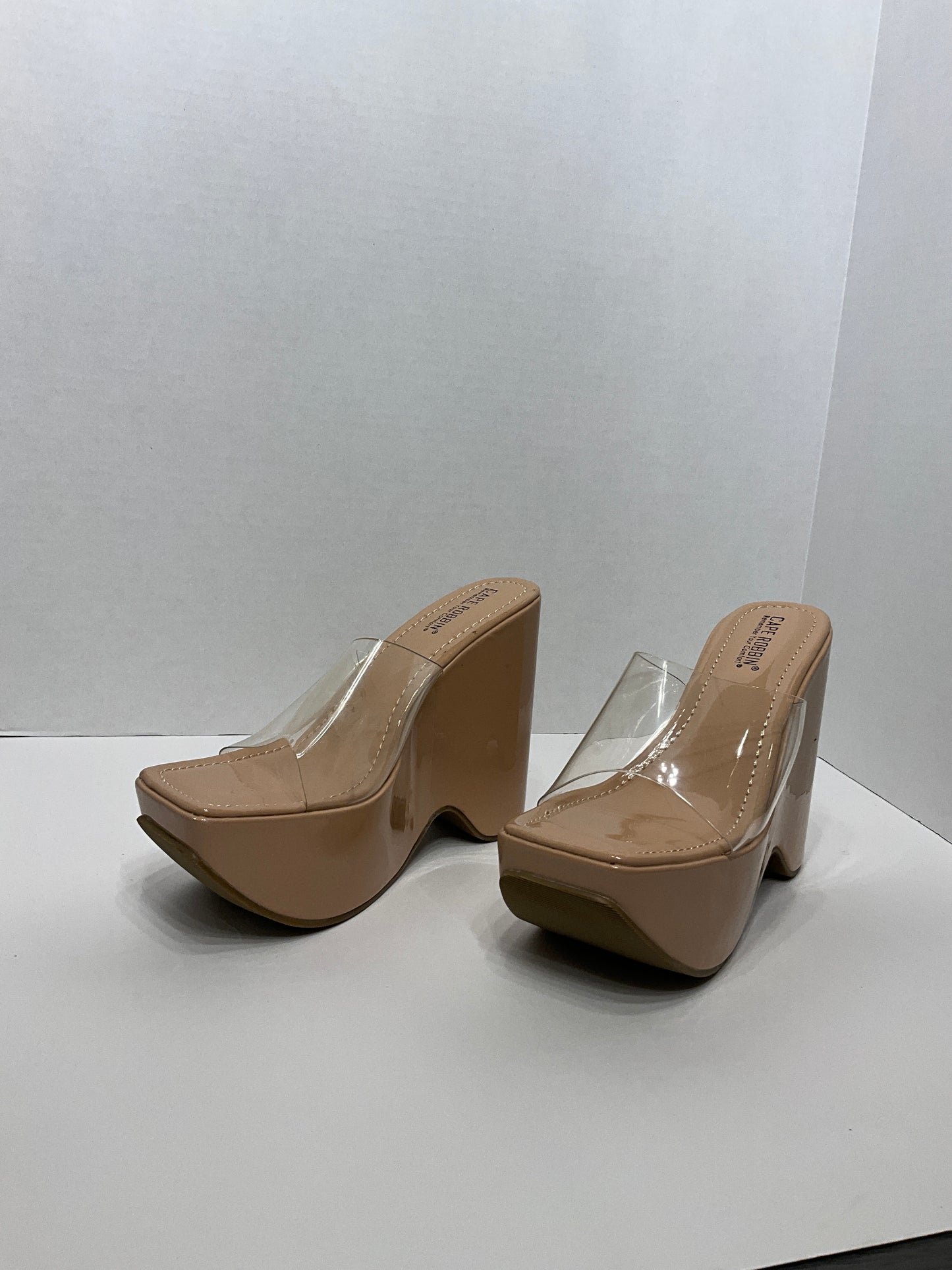 Cape Robin platform wedge sandals, 6 inch heel square open toes slip on clear strap ￼￼