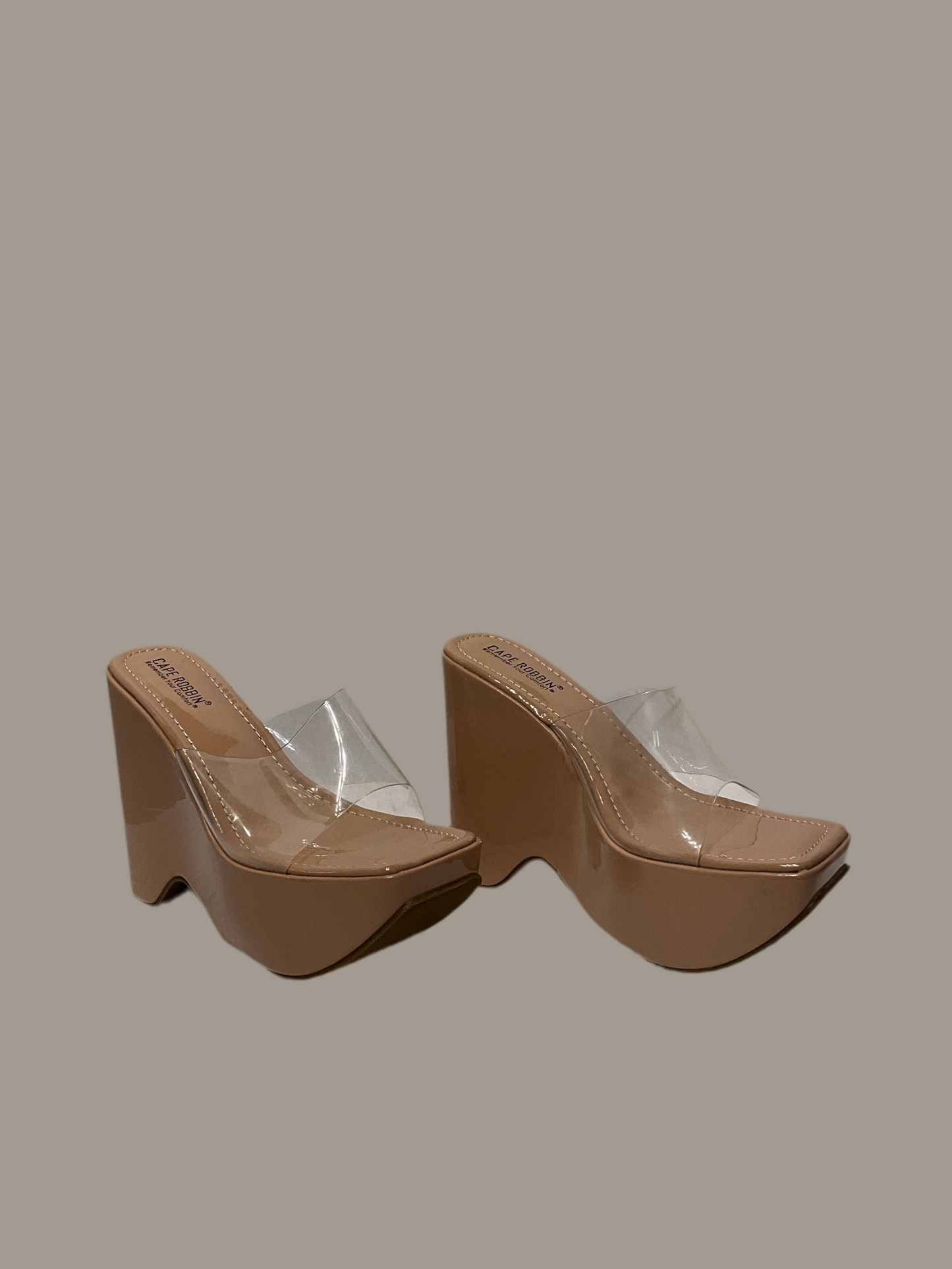 Cape Robin platform wedge sandals, 6 inch heel square open toes slip on clear strap ￼￼